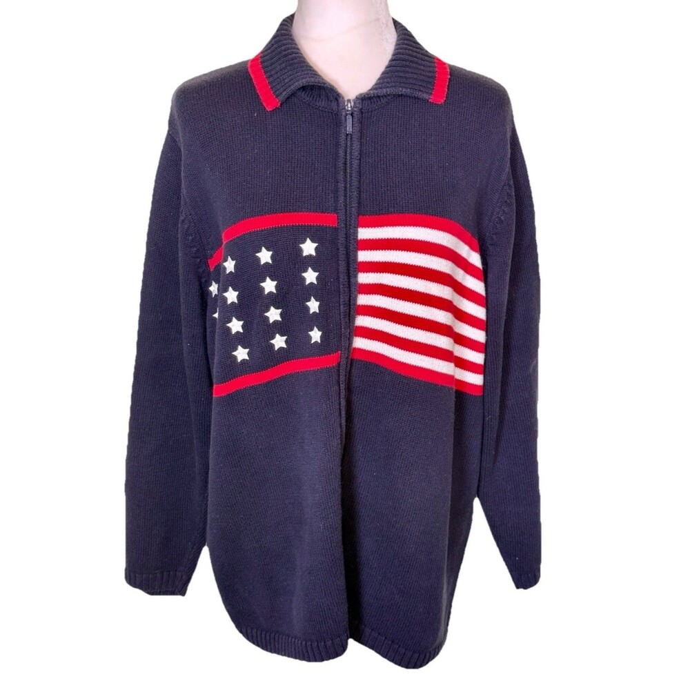 Vintage Karen Scott Sport American Flag‎ Zip Up Sweater Patriotic Vacation Sz XL